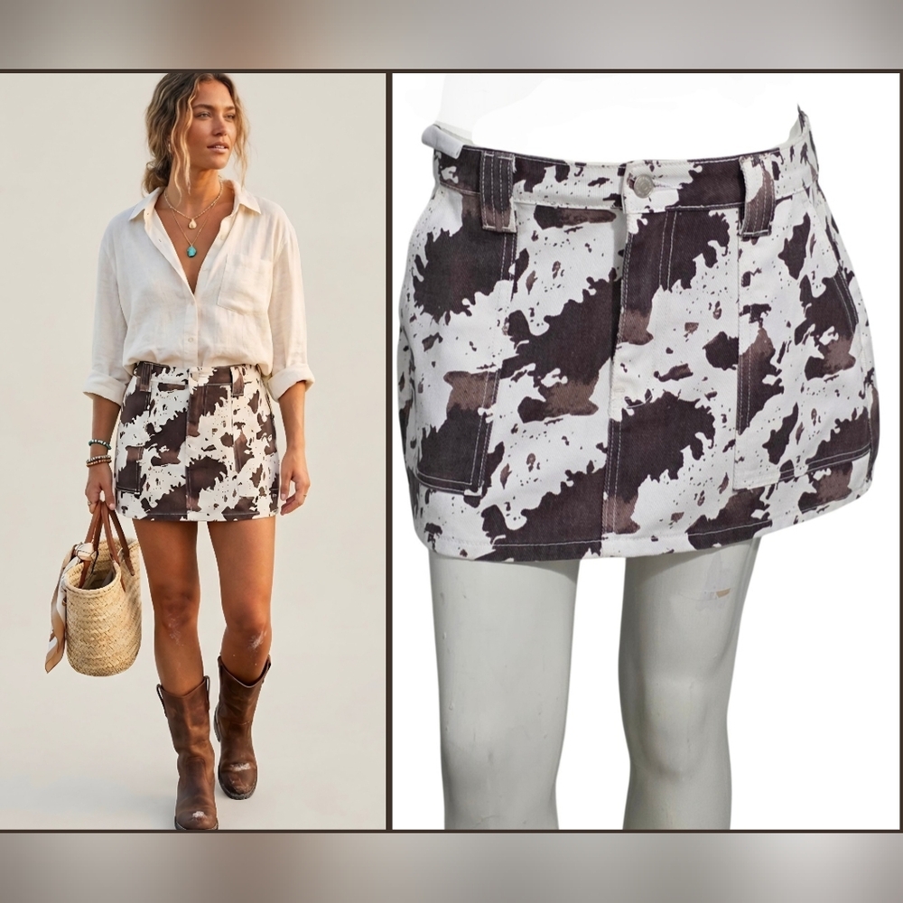 Refrain Denim Cow Print Mini Skirt Size 7/28 NWT